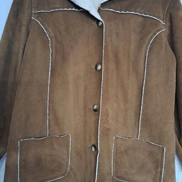 LL Bean Size XL Petite Womens Brown White Suede Sherpa Button Down Jacket - Picture 3 of 8